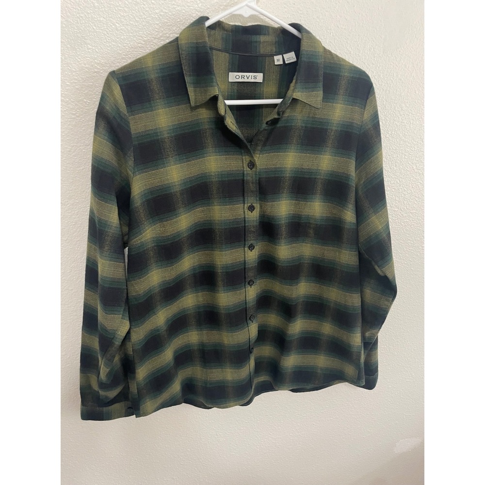 Orvis Womens Medium Plaid Button Down Shirt Green Black Excellent Flannel Style